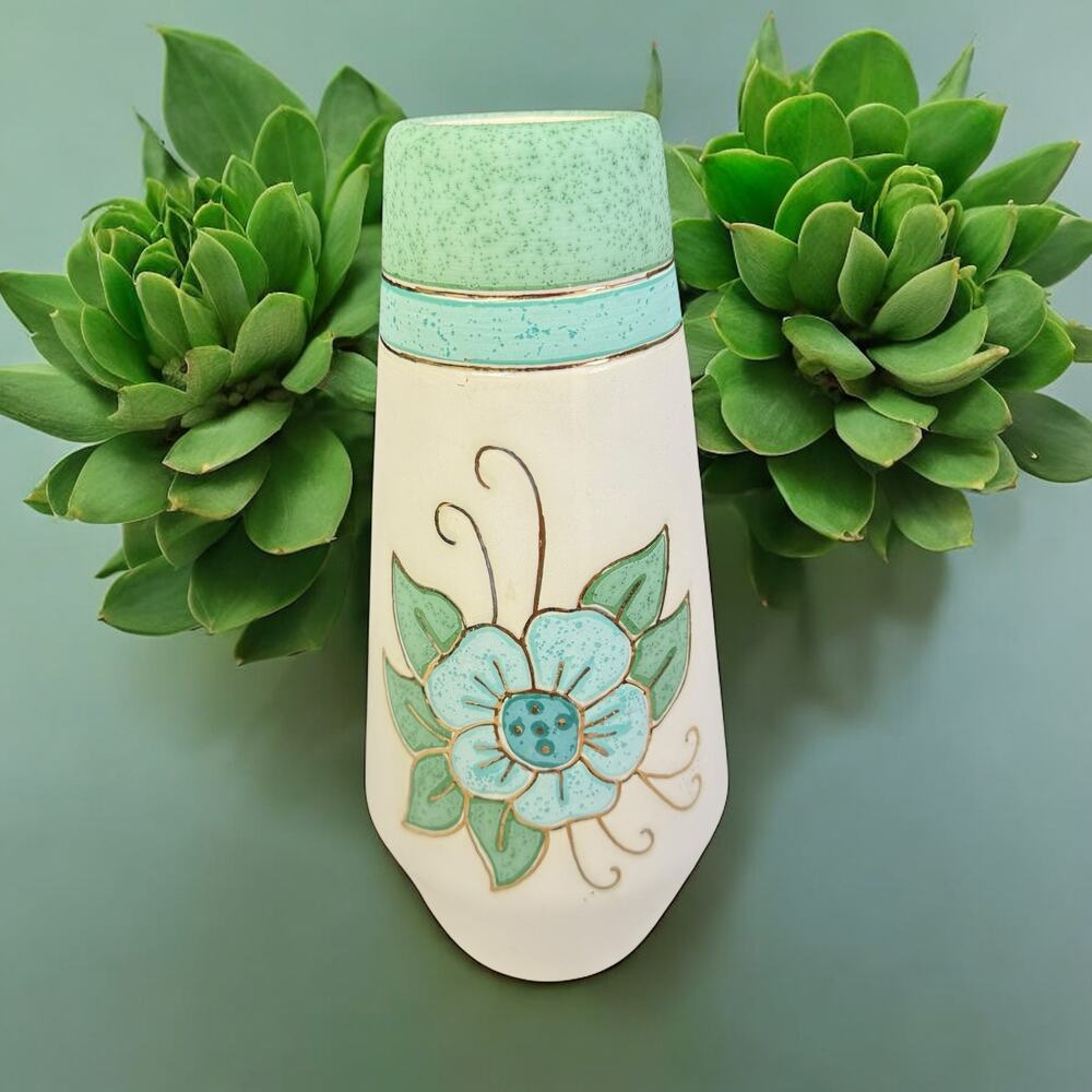Vintage Southwestern Signed Pottery Vase Gold Trim Floral Pastel Teal 9.5"